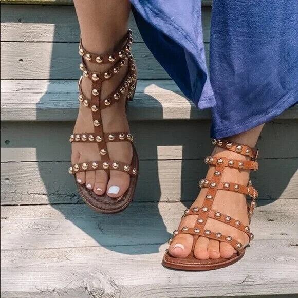 Sam Edelman Eavan Beaded Stud Sandal Brown Cage Gladiator Silver Metal Thong 7.5 - Picture 9 of 9